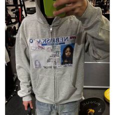 批发美式复古街头恶搞印花连帽<b class='q'>开衫</b>卫衣男款春秋季设计感小众休闲外套