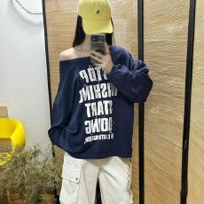 批发【斜领】曼巴棉300克 后包领彩色内外同色印花长袖宽松套头卫衣<b class='q'>女</b>