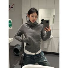 原版做法棉螺口美式复古铆钉修身拉链短外套女设计感灰色开衫卫衣