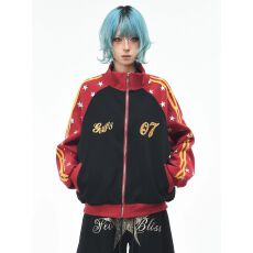 美式黑衣星星印花撞色立领卫衣女春秋小众设计感宽松显瘦开衫外套