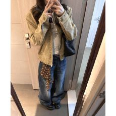 批发原版质量 麂皮绒+双层有内里 铆钉外套女秋款显瘦短款夹克上衣