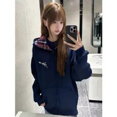 批发高品质【防棉华棉复合牛奶丝310克】秋冬开衫卫衣连帽拼接格子