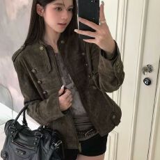 批发早秋新潮主推拿破仑风麂皮立领<b class='q'>夹克</b>金属排扣酷飒气质宽松短外套<b class='q'>女</b>