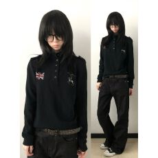 批发原版型广州面料）美式米字旗肩章立领长袖<b class='q'>t</b><b class='q'>恤</b>女