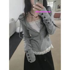 批发【随心裁+后包领】秋季短款收腰拉链连帽衫辣妹风上衣<b class='q'>外套</b>女