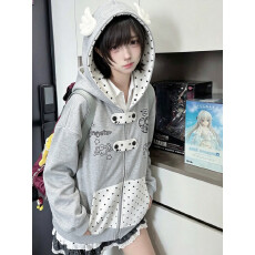 批发翅膀盘扣<b class='q'>可爱</b>猫咪连帽卫衣女学生秋冬季加绒加厚宽松百搭开衫外套