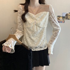 批发实拍大码~秋季新款时尚精致蕾丝拼接气质V领修身百搭长袖上衣女