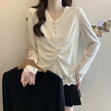 批发实拍大码~2025秋冬新款简约V领蕾丝加绒打底衫女百搭显瘦洋气上衣