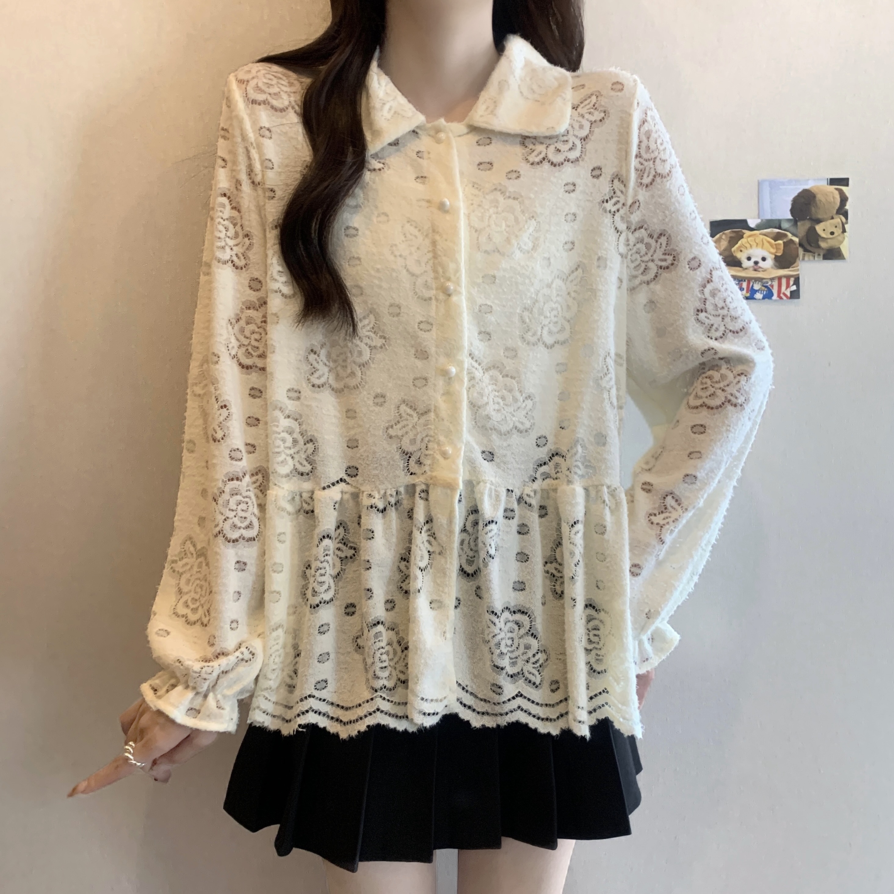 MY14564# 新款蕾丝长袖针织衬衫女娃娃领百搭宽松上衣女裝貨源服裝批發