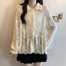 批发实拍大码~2025秋季新款蕾丝长袖针织衬衫女娃娃领百搭宽松上衣