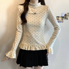 批发实拍大码~<b class='q'>秋</b>冬新款高领针织爱心波点蕾丝蝴蝶结荷叶边打底衫上衣