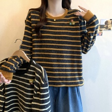 批发实拍大码~2025<b class='q'>秋</b>冬新款撞色条纹长袖T恤女别致百搭宽松显瘦上衣