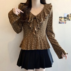 批发实拍大码~2025秋<b class='q'>冬</b>新款正肩V领荷叶边系带减龄气质打底衫上衣