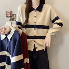 批发实拍大码~2025春韩系休闲气质<b class='q'>金</b>扣开衫条纹撞色翻领羊毛针织衫女