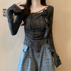 批发实拍大码~秋<b class='q'>冬</b>新款设计感立体花朵修身褶皱显瘦扎染长袖T恤上衣女