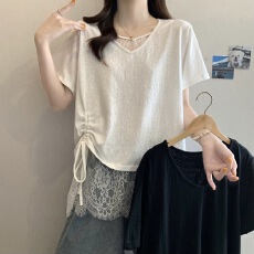 批发实拍<b class='q'>大码</b> 2026夏季新款V领蕾丝拼接抽绳T恤百搭休闲显瘦上衣<b class='q'>女</b>
