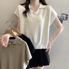 批发实拍大码 ~夏季新款气质宽松polo领落肩显瘦百搭针织衫短袖上衣