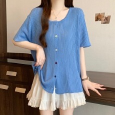 批发<b class='q'>实拍</b><b class='q'>大码</b>~2026新款正肩t恤上衣漂亮薄款小开衫彩色纽扣针织短袖女