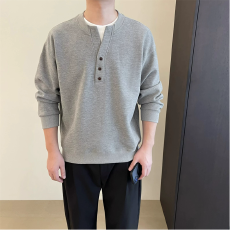 批发高奢假两件老钱风冬季重磅羊毛亨利领加绒长袖卫衣