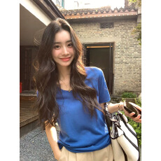 批发显白宝石蓝~26年夏季莱赛尔天丝凉感针织宽松显瘦松弛感短袖<b class='q'>T</b><b class='q'>恤</b>