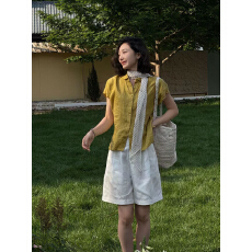 批发柠檬黄~26年新款高定满分全苎麻圆角领极简小飞袖<b class='q'>衬衫</b>短袖