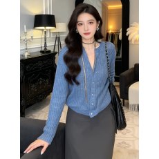 批发亮片宝石蓝~26年秋季新款亮片蓝色针织气质百搭<b class='q'>开衫外套</b>