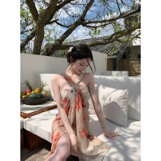 批发DFAY【4/15 上新】杏花春庭双面料缎纱结合连衣裙