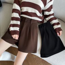 批发咖色休闲短裤女春秋高腰显瘦a字靴裤小个子气质西装阔腿裤子