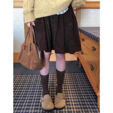 批发拒绝吃藕 韩系复古秋冬氛围感灯芯绒半身裙 百搭半松紧腰百褶中裙