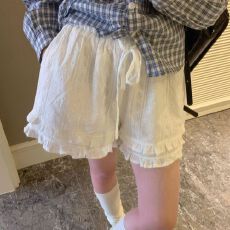 唯品会品质 百搭松紧腰休闲裤提花荷叶边休闲短裤女