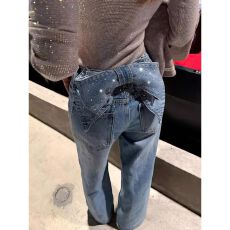 批发设计感可拆卸蝴蝶结<b class='q'>牛仔裤</b>女春季新款重工<b class='q'>烫钻</b>高腰宽松阔腿拖地裤