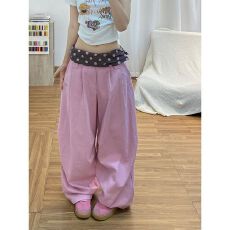 批发【纯棉布】夏季新款多巴胺波点腰头拼接阔腿宽松<b class='q'>休闲裤</b>