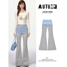 批发灰色翻腰拼接微喇<b class='q'>裤</b>女春夏2026新款高腰休闲<b class='q'>显瘦</b>小个子运动喇叭<b class='q'>裤</b>