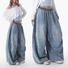 批发美式街头褶皱<b class='q'>松紧</b>腰设计阔腿伞兵<b class='q'>牛仔裤</b>抽绳女装宽松休闲跳舞裤子