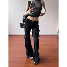 批发黑色vibe绑带微喇工装牛仔裤男女美式高街<b class='q'>修身</b>喇叭裤子