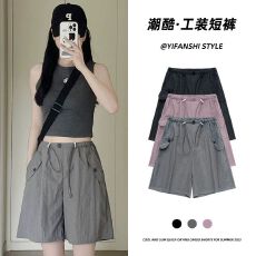 批发【立体腰-整件内里】刺绣条纹休闲短裤夏新款<b class='q'>高腰</b>宽松显瘦五分裤