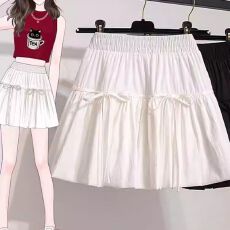 批发小个子白色蝴蝶结系带A字半身<b class='q'>短裙</b>女2026夏季胖mm高腰显瘦<b class='q'>百褶</b>裙