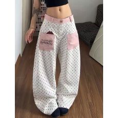 批发撞色拼接满印波点弯刀休闲裤女美式复古宽松显瘦百搭阔腿<b class='q'>长裤</b>