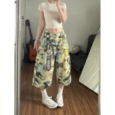 批发美式复古迷彩挂件印花多口袋直筒七分裤男女宽松阔腿工装休闲短裤