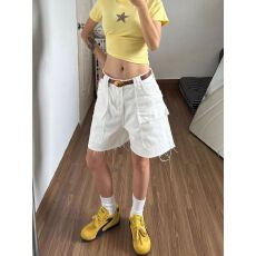 批发白色短裤女夏薄款潮酷美式工装高腰休闲显瘦别致小众a字阔腿裤子