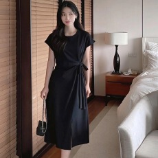 批发夏新 韩国代购<b class='q'>正品</b>女装 优雅气质纯色收腰系带圆领短袖<b class='q'>连衣裙</b>