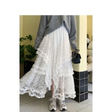 批发韩国东大门新款小花朵温柔风百搭不规则木耳边网纱半身裙长裙