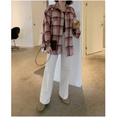 批发韩版宽松慵懒格子<b class='q'>衬衫</b>外套女简约休闲上衣磨毛长袖格纹上衣