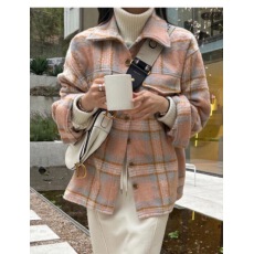 批发韩国chic秋季小众设计感翻领格纹撞色宽松百搭<b class='q'>衬衫</b>式毛呢短外套女