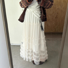 批发韩版chic冬新款气质<b class='q'>甜美</b>压褶花边设计内里加绒蕾丝拼接半身裙长裙