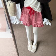 批发韩版chic冬新品<b class='q'>甜美</b>复古松紧腰木耳边厚实针织条纹休闲短裤