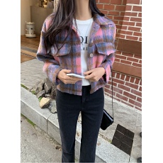 批发韩国东大门冬季新款 复古混色格子翻领加厚毛呢<b class='q'>衬衫</b>外套女