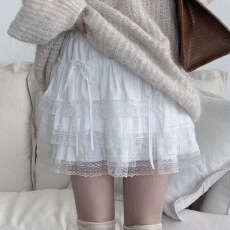 批发韩版冬季新款ins纯色<b class='q'>蕾丝</b>花边蝴蝶结层次感半身裙a字<b class='q'>短裙</b>