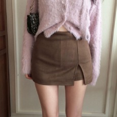 批发韩版chic冬季侧边开叉高腰麂皮绒防走光a字裙百搭包臀短裙