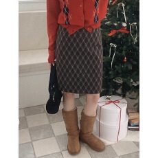 批发韩版chic 冬季新款复古时髦<b class='q'>百搭</b>菱格高腰直筒半身裙中裙女